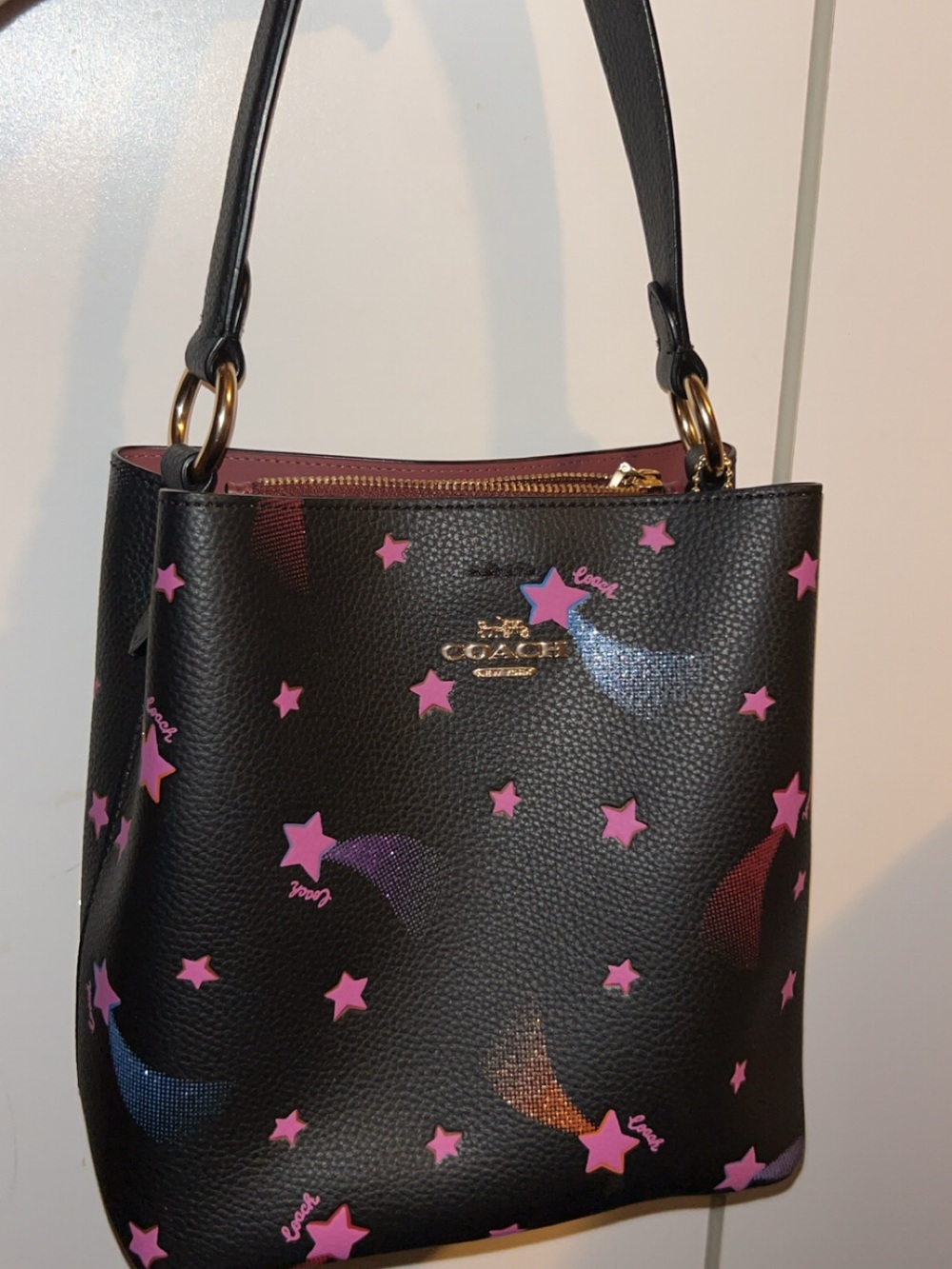 Coach Black Leather Shoulder Bag with Pink Star Print